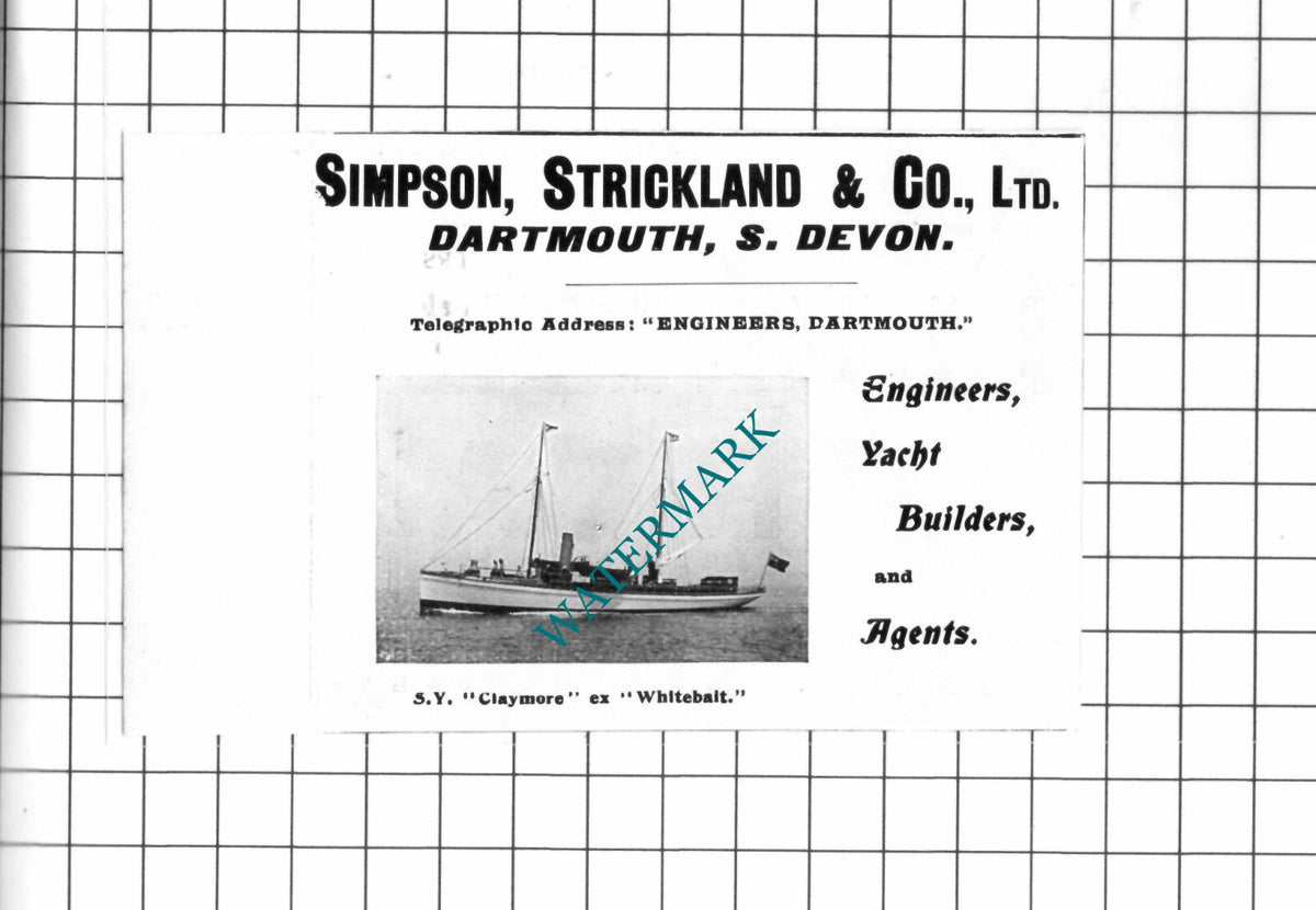 Simpson Strickland & Co Ltd Dartmouth Devon SY Claymore - 1903 SMALL Advert
