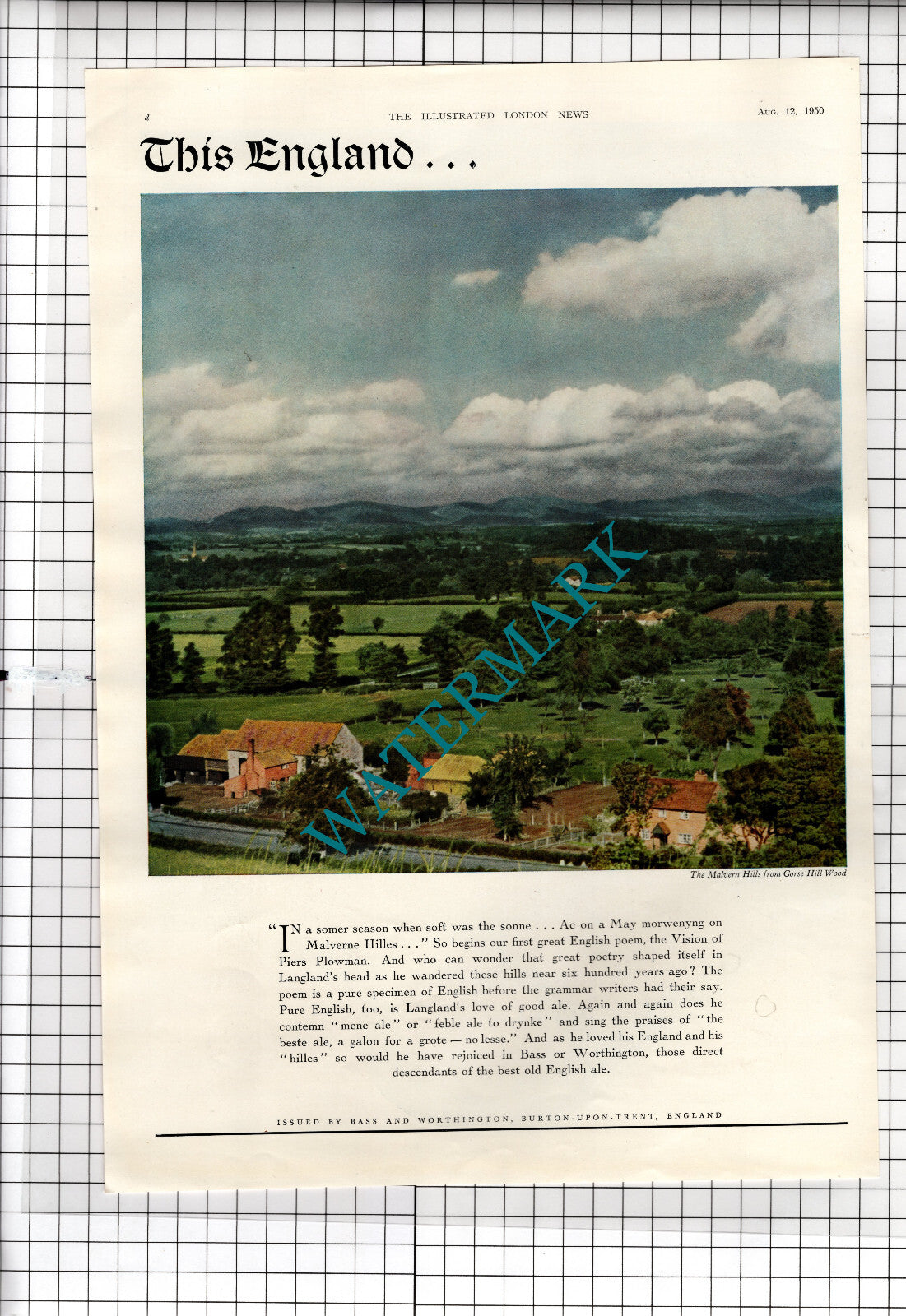 Huntley & Palmers  Advert  / The Malvern Hills Corse Hill Wood Bass- 1950 ADVERT