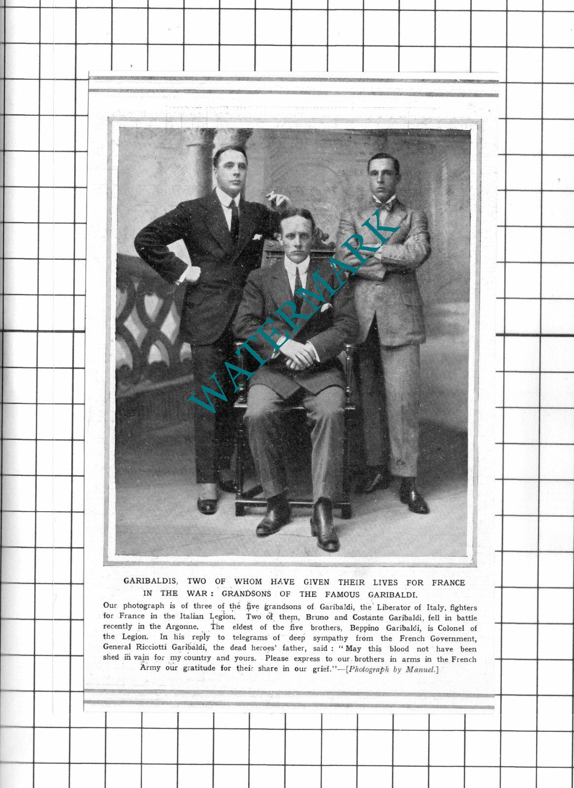 Garibaldi Grandsons Bruno Garibaldi Costante WW1  - c.1915 Clipping / Print