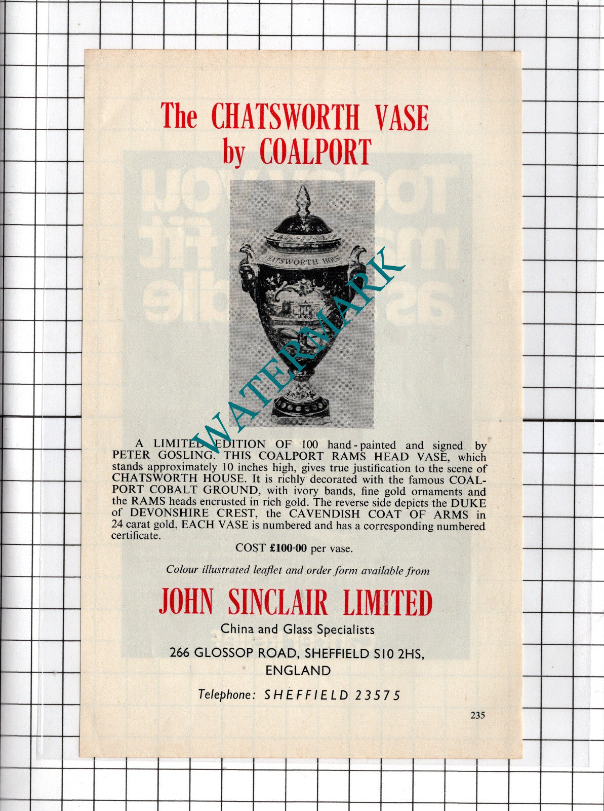 John Sinclair Ltd Sheffield Chatsworth Vase ADVERT - 1972 Cutting