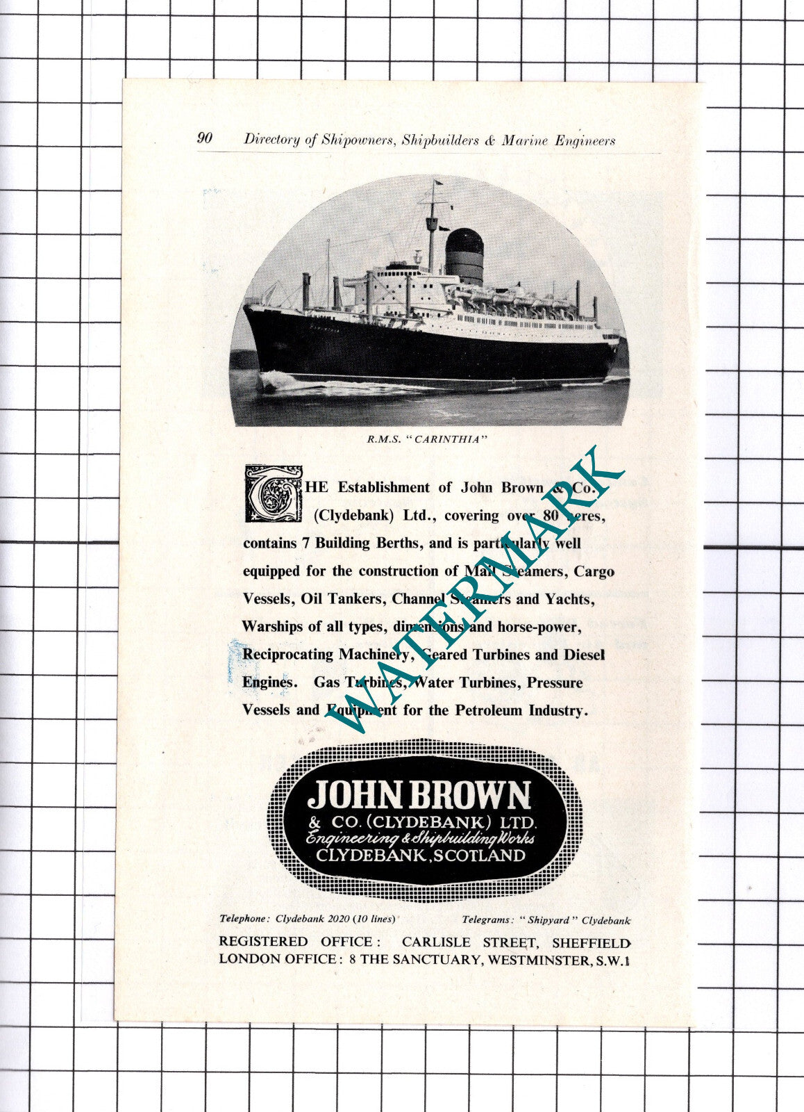 John Brown & Co Clydebank Ship RMS CARINTHIA Advert - c.1957 Clipping / Print
