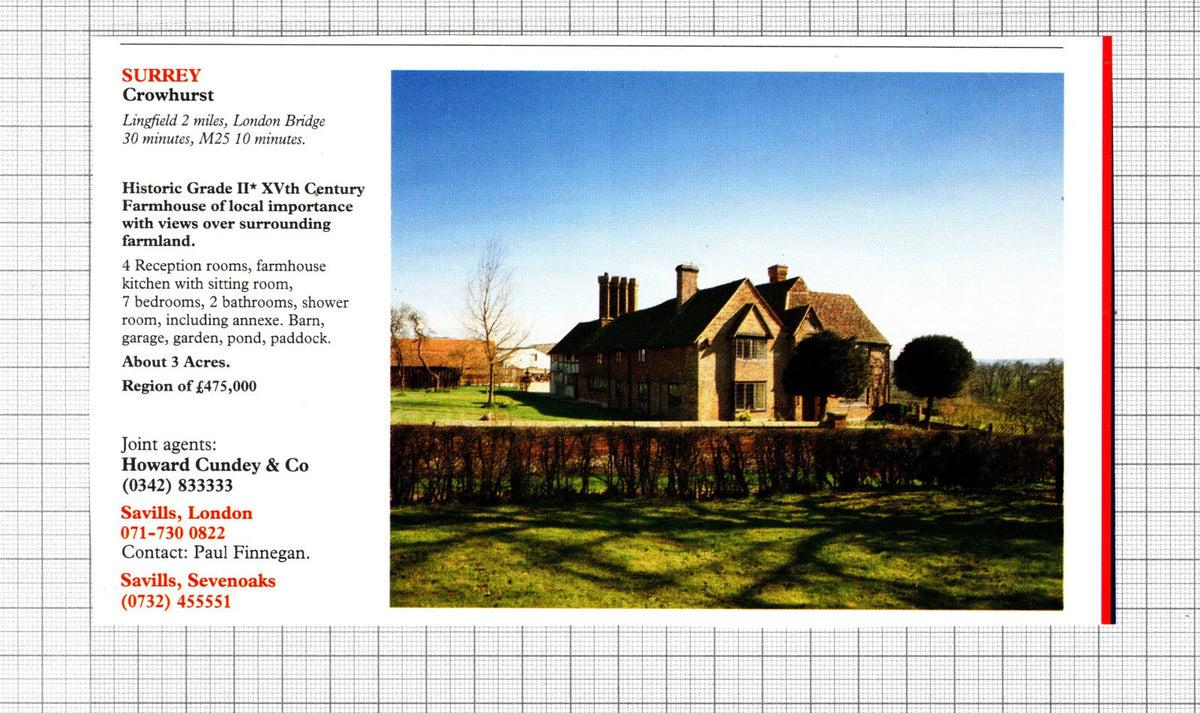 Crowhurst Surrey Farmhouse House Sale Advert -  1991 Cutting