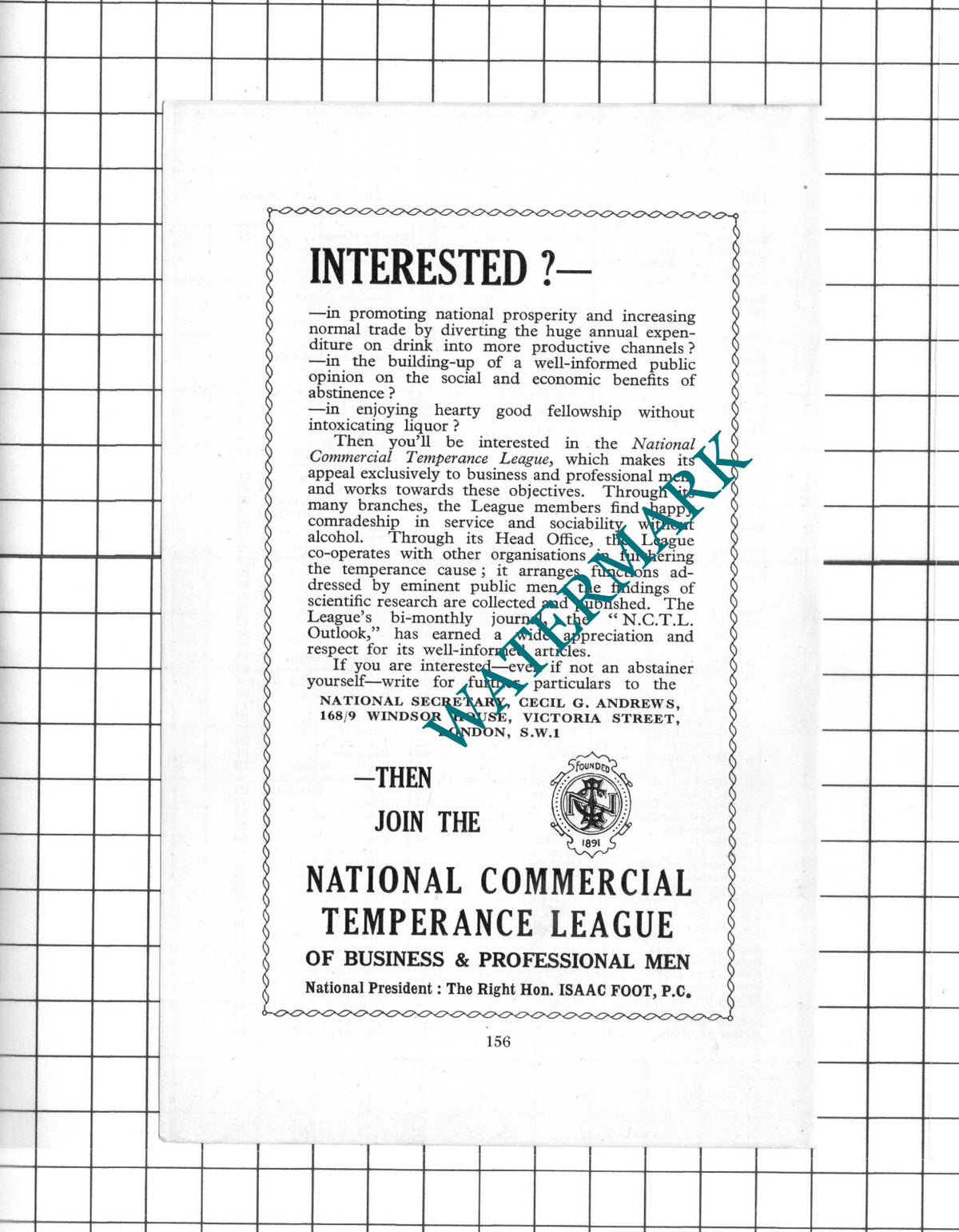 National Commercial Temperance League  Isaac Foot   - 1939 Small Advert