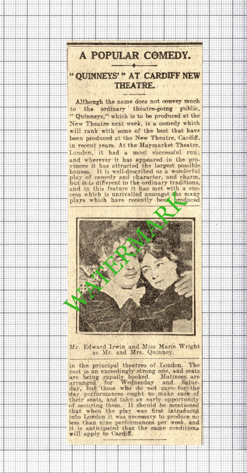 Mr Edward Irwin Miss Marie Wright Cardiff Theatre  - 1916 News Cutting