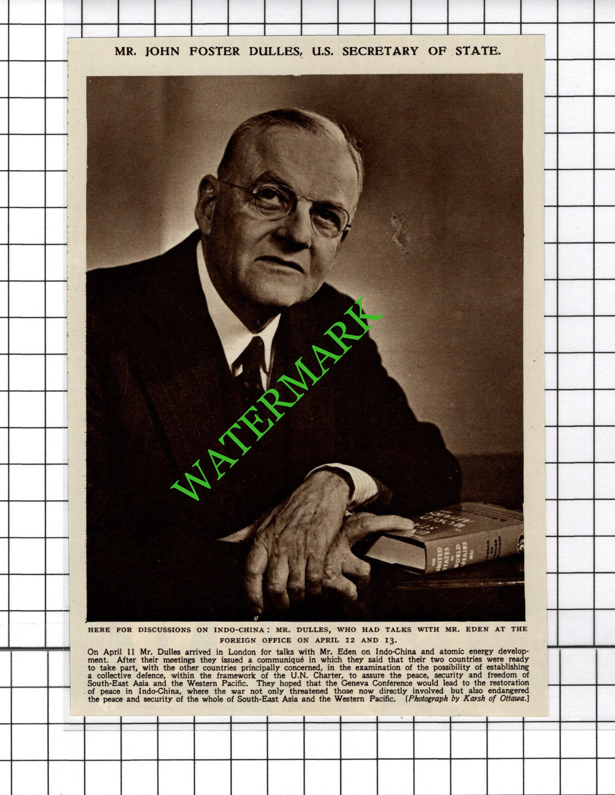 Mr John Foster Dulles US Secretary of State  -  c.1954 Small Cutting