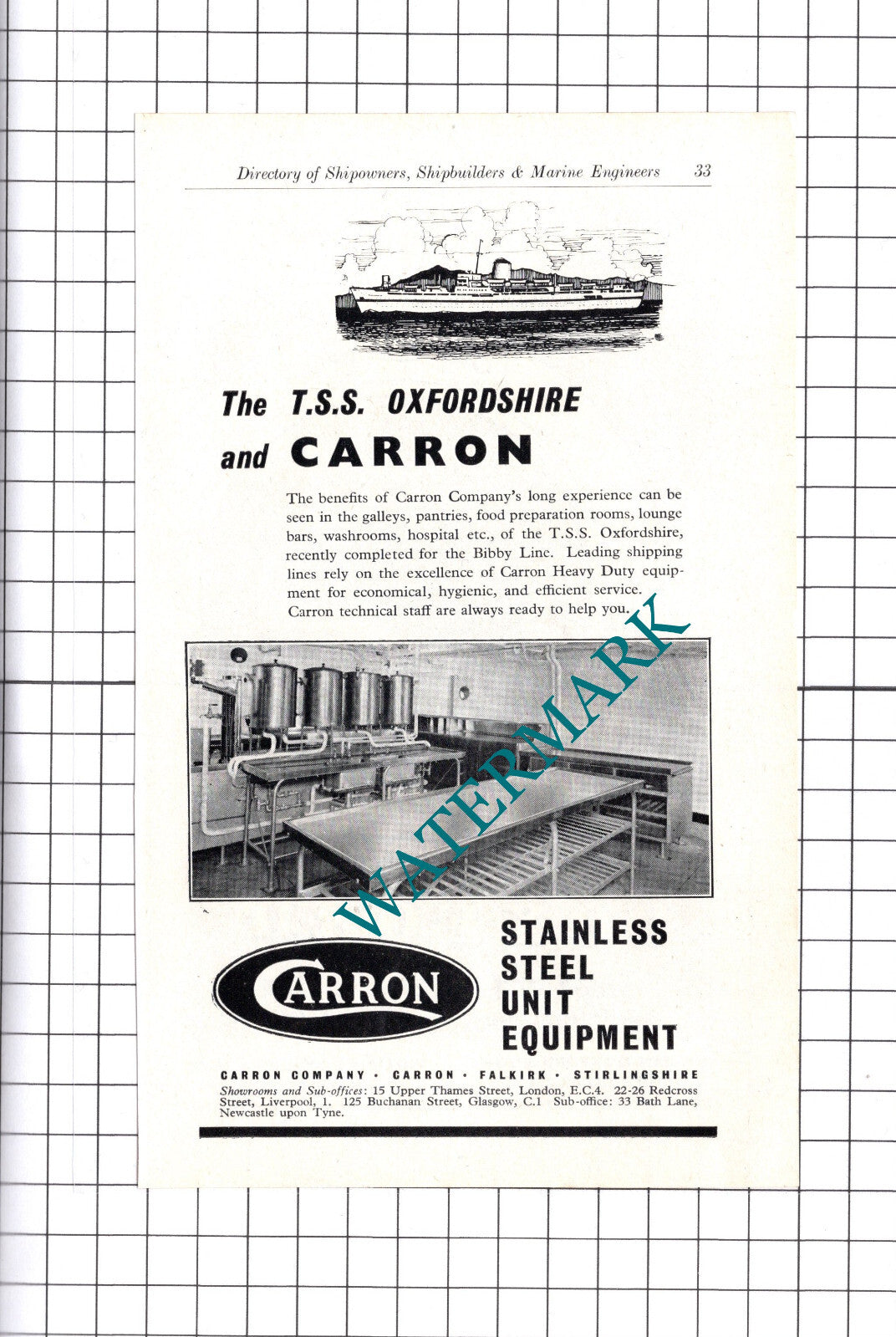 TSS Oxfordshire Ship Carron Company / William Doxford Sunderland ADVERT - c.1957