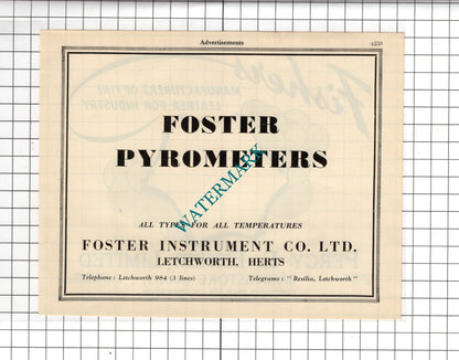 Percy E Fisher Ltd Basingstoke / Foster Instrument Co Letchworth  - 1951 Advert