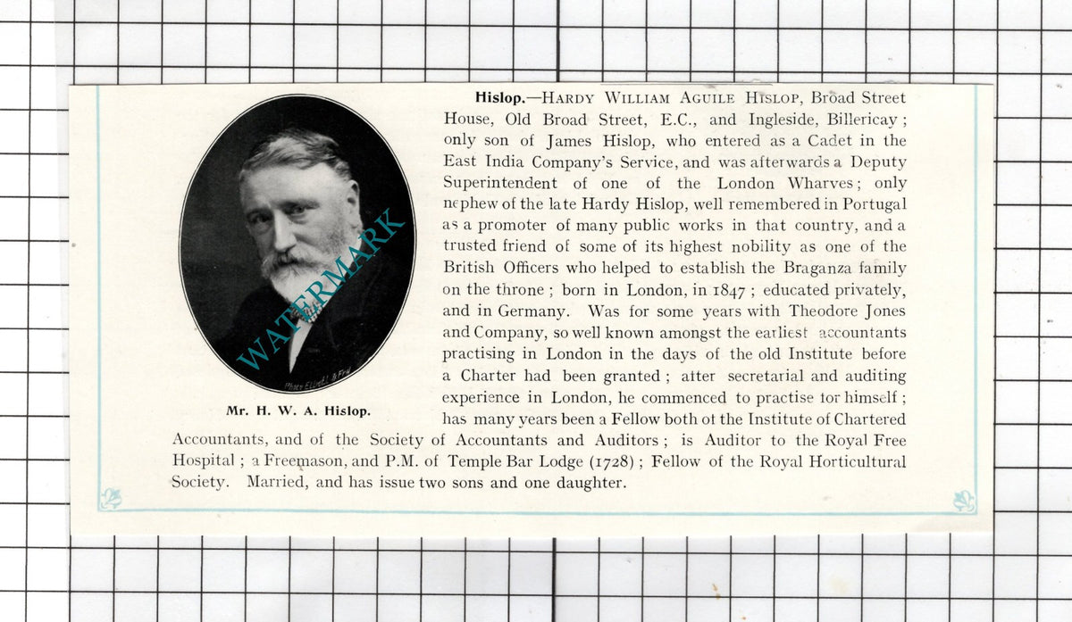 Mr Hardy William Aguile Hislop Broad Street House London - c.1905 Clipping