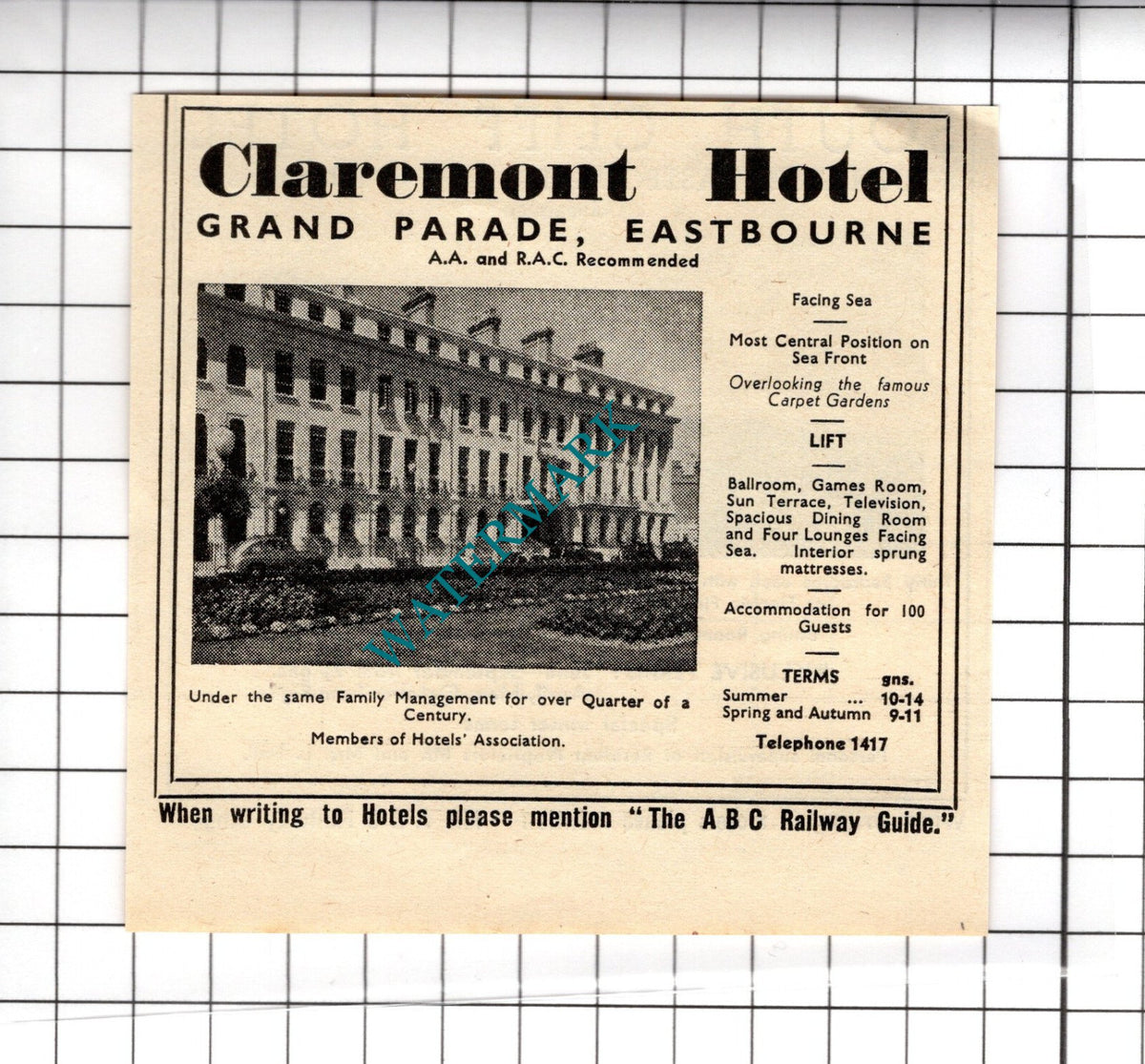 South Cliff Hotel Eastbourne L Hall / Claremont Hotel Small Advert -1958 Cutting