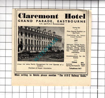 South Cliff Hotel Eastbourne L Hall / Claremont Hotel Small Advert -1958 Cutting