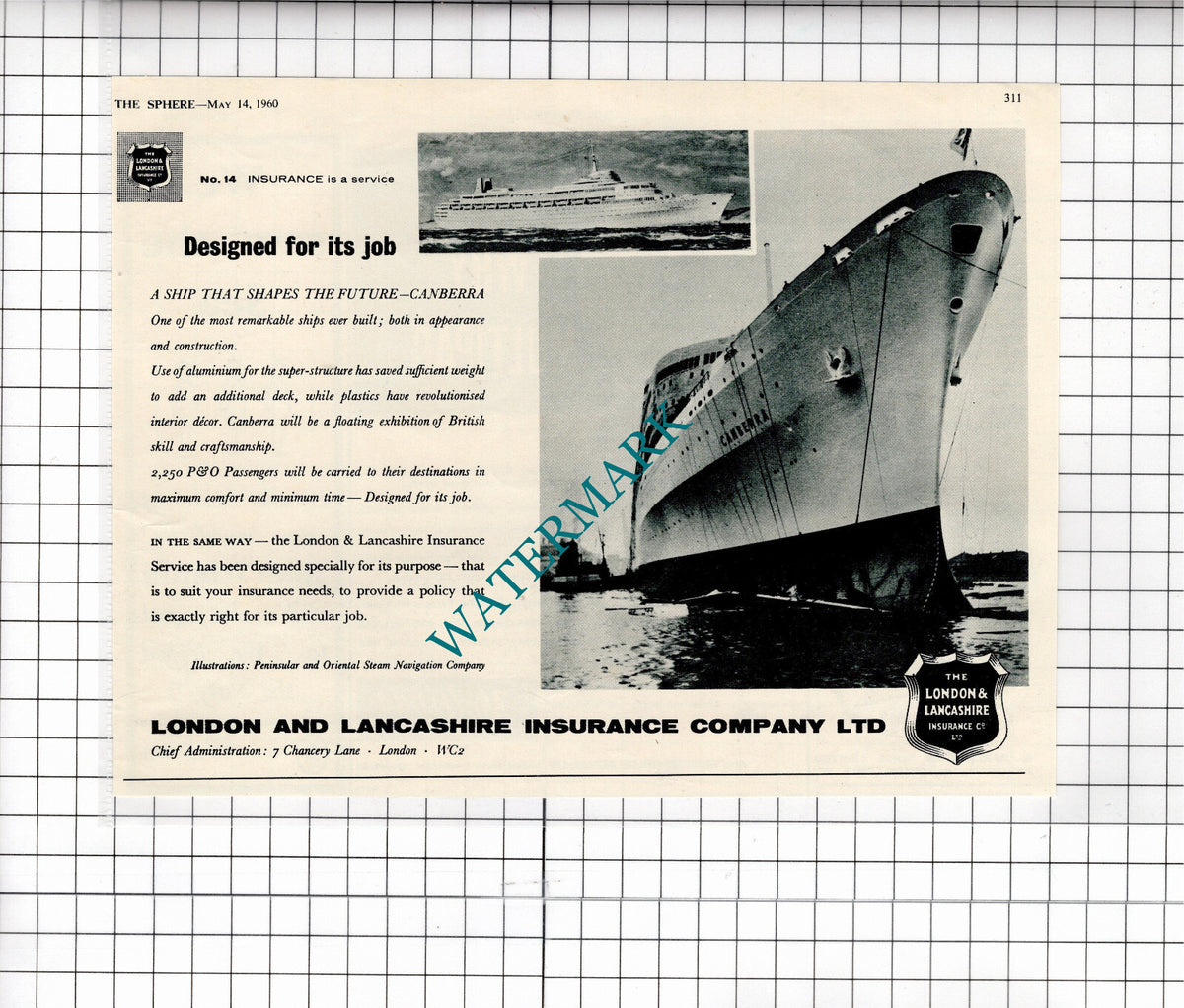 P&O CANBERRA Ship London & Lancashire Insurance Company Ltd - 1960 Advert