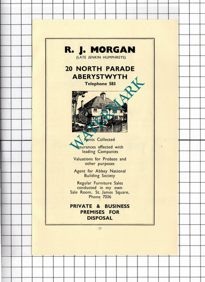 R J Morgan Jenkin Humphreys Aberystwyth Wales D R Jones & Son -1957 Small Advert
