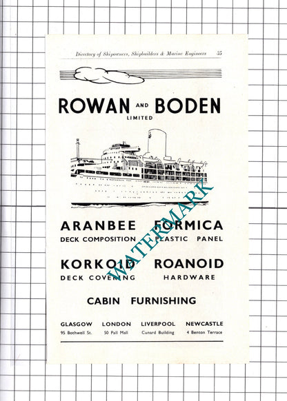 Rowan and Boden Ltd / The Uraga Dock Co Ltd Tokyo Japan ADVERT -  c.1957