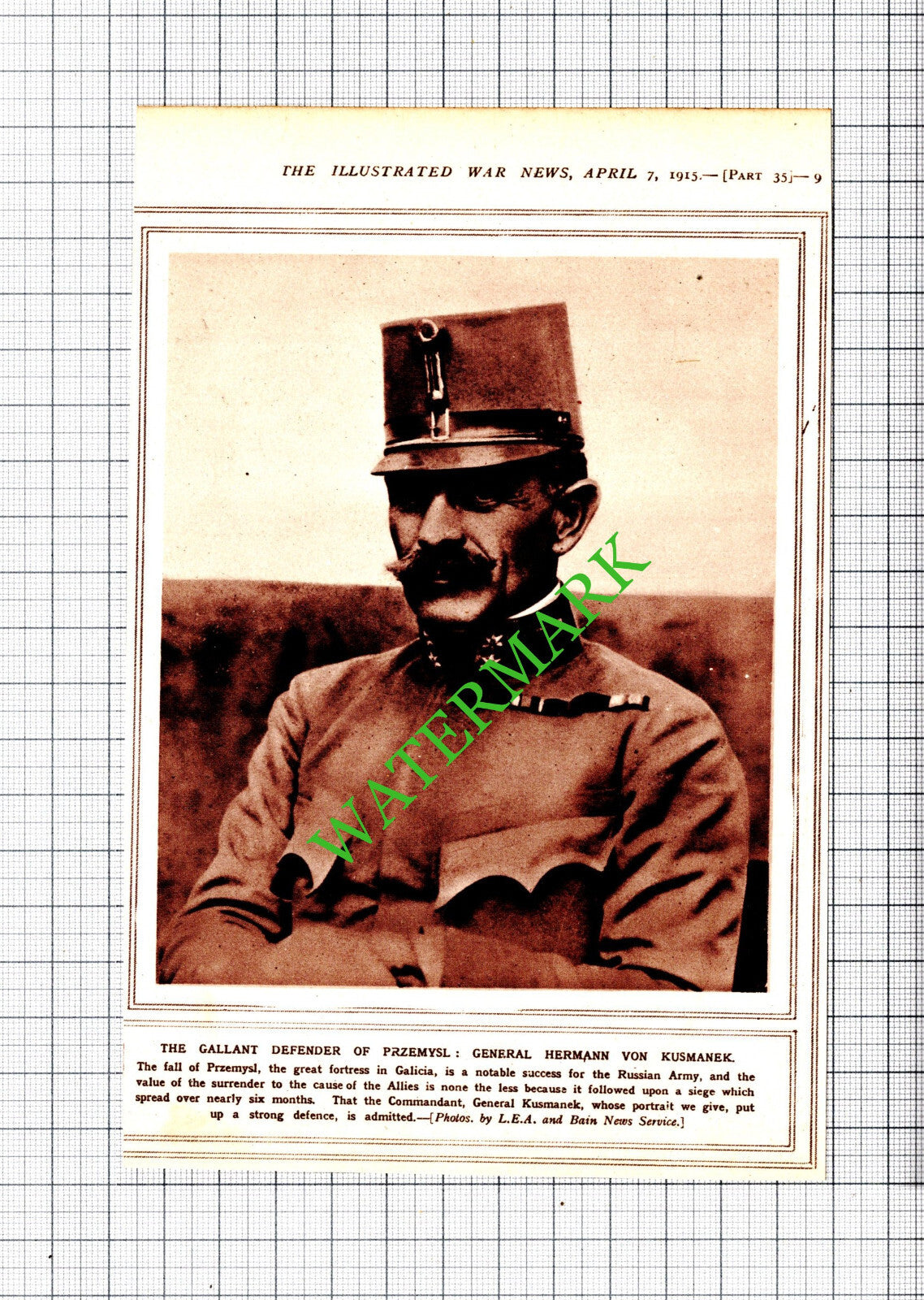 General Hermann Von Kusmanek Przemysl World War One WW1  - 1915 Cutting