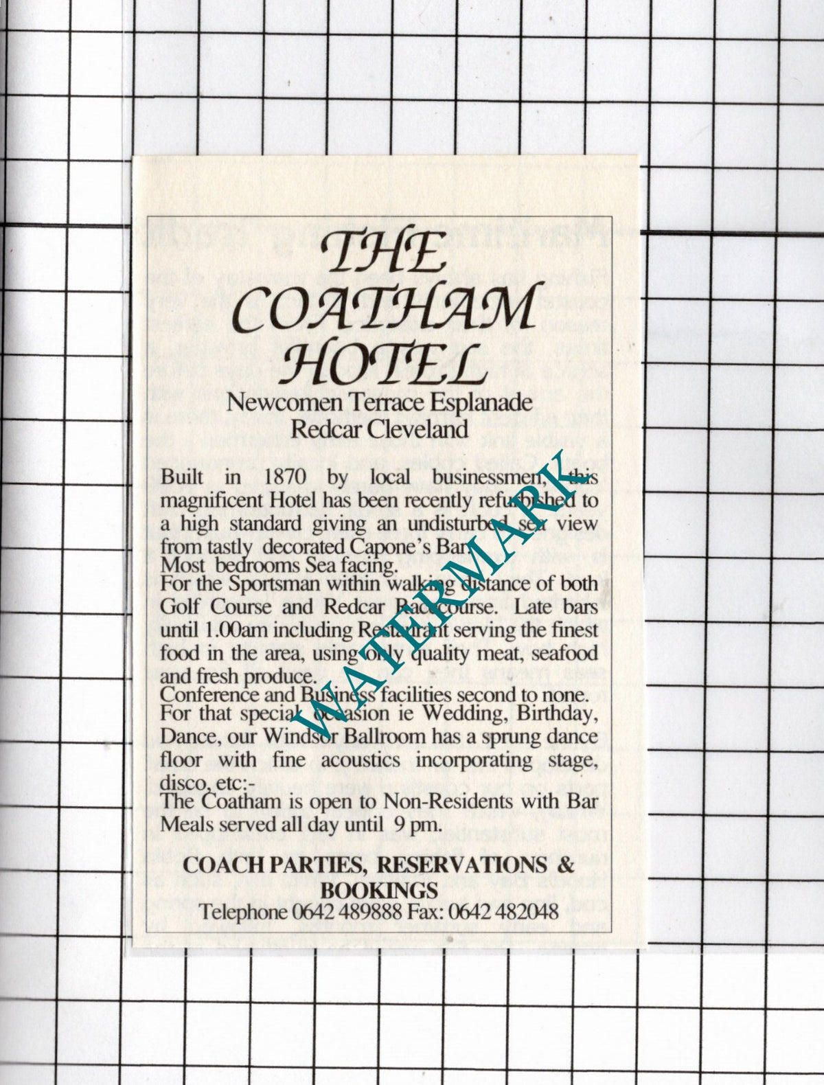 The Coatham Hotel Redcar Cleveland  - 1990 Small Advert