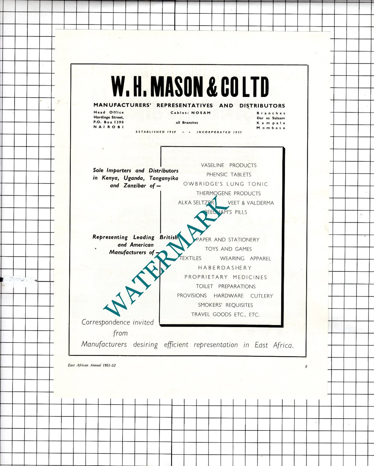 W H Mason & Co Ltd Nairobi  East Africa - 1951 Advert