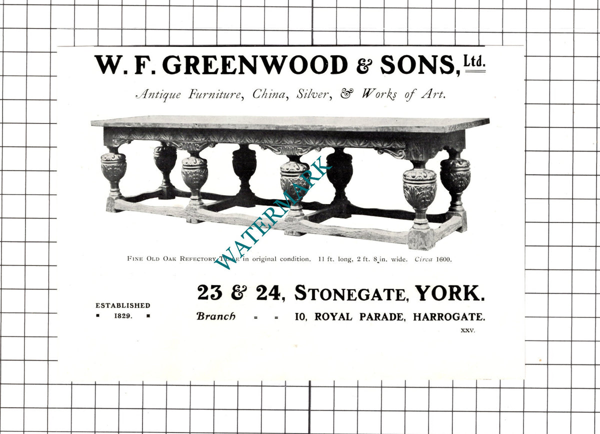W F Greenwood & Sons Ltd Stonegate York Harrogate  - 1910 Advert