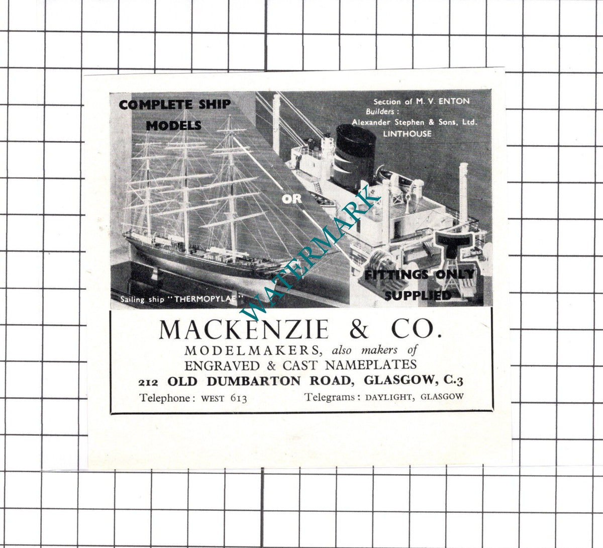 Mackenzie & Co Glasgow  Ship Modelmakers - c.1957 SMALL ADVERT