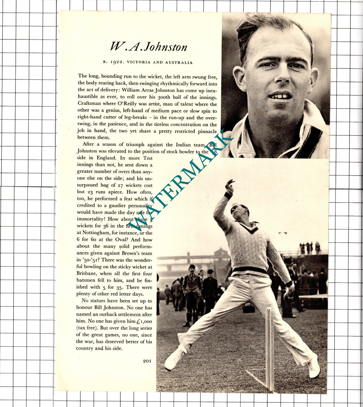 William Arras Johnston Cricketer / Trevor Bailey Cricket - 1952 Book Print