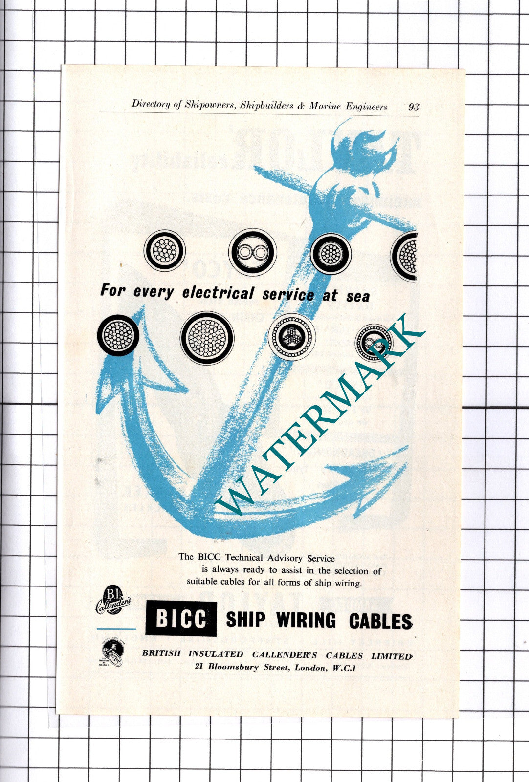 Bicc Ship Wiring Cables London / Samuel Taylor & Sons Brierley ADVERT - c.1957