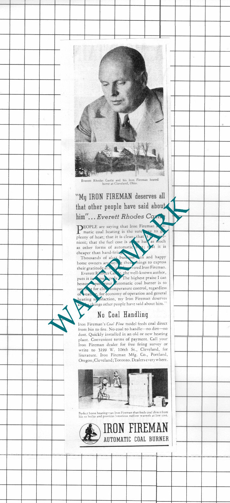 Everett Rhodes Castle Cleveland Ohio Iron Fireman Advert - 1937 Clipping / Print