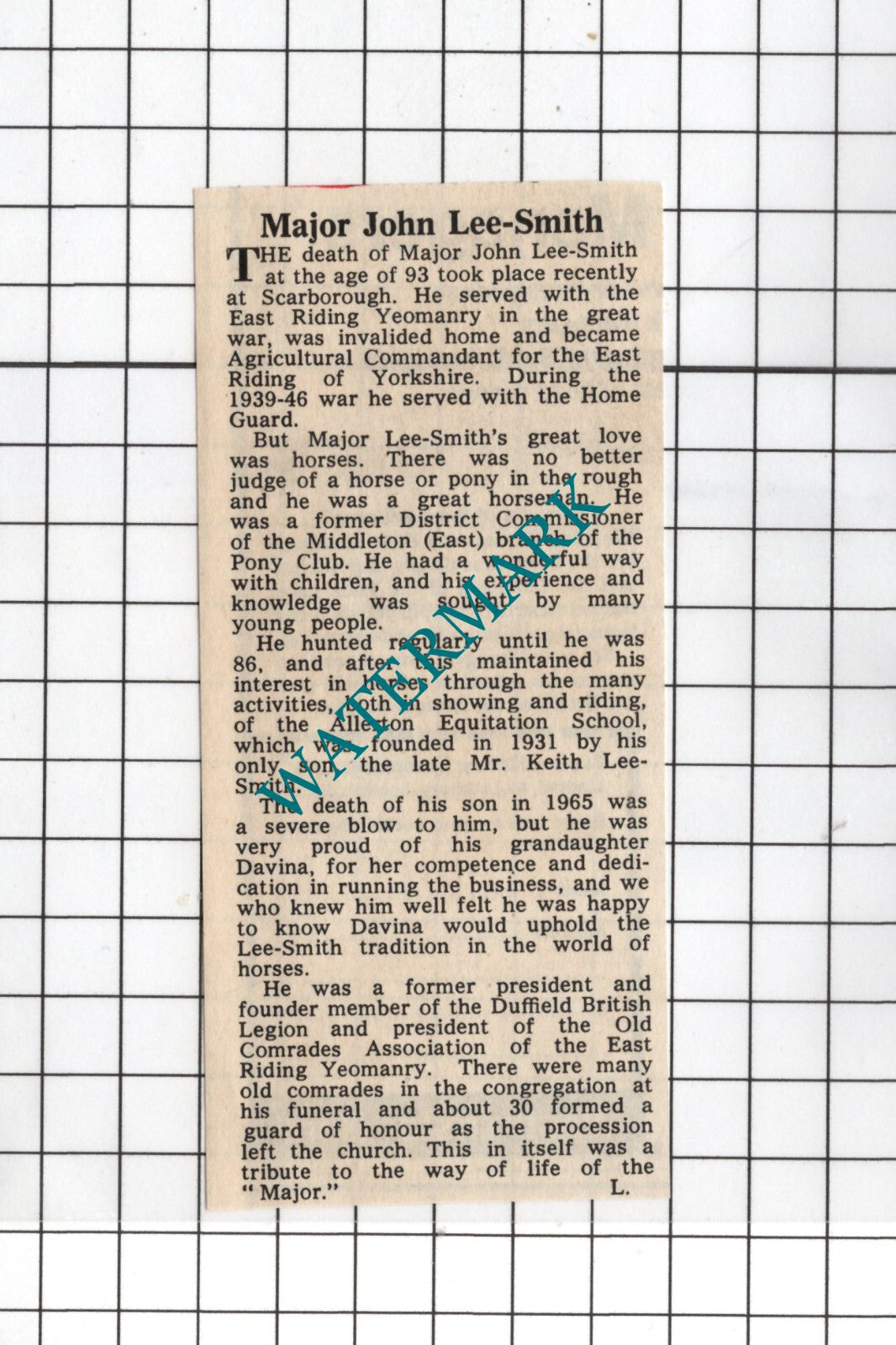 Major John Lee-Smith  Scarborough Obituary - 1968 Small News Cutting