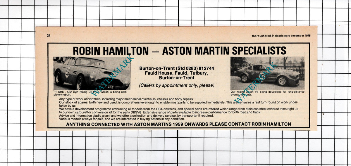Robin Hamilton  Fauld House Tutbury Aston Martin Specialists - 1975 Small Advert