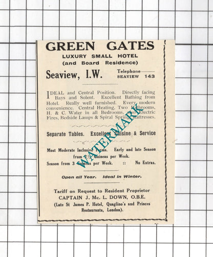 Green Gates Hotel Seaview Isle Of Wight Avondale Nettlestone - 1938 Small Advert