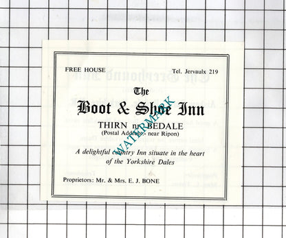 The Boot & Shoe Inn Thirn Yorkshire  / Greyhound Inn Bedale -c.1968 Small Advert