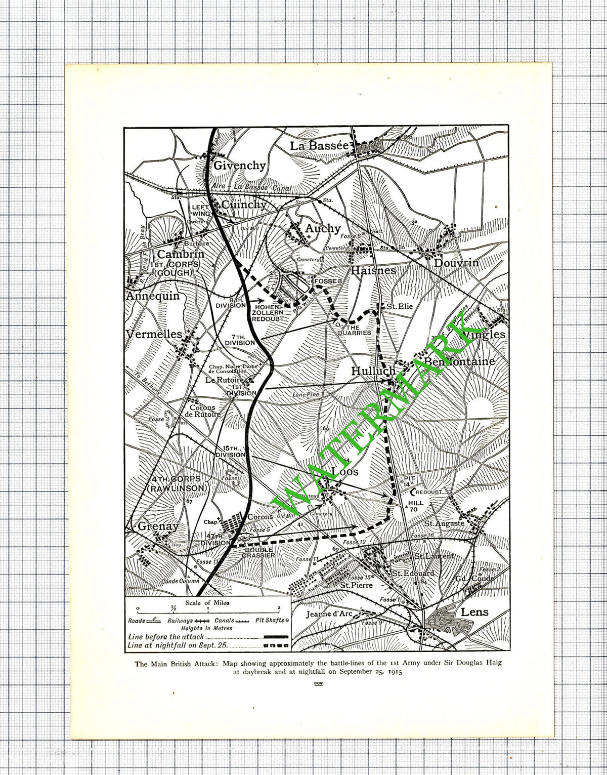 1st Army Douglas Haig British Attack Small Map Great War WW1 - c.1920 Cutting