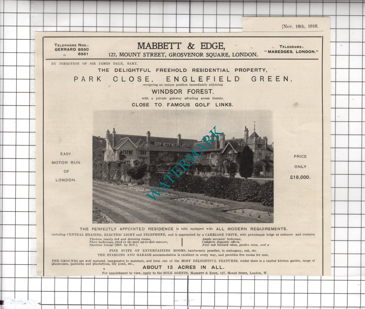 Park Close Englefield Green Surrey Sir James Dale House Sale Advert - 1916