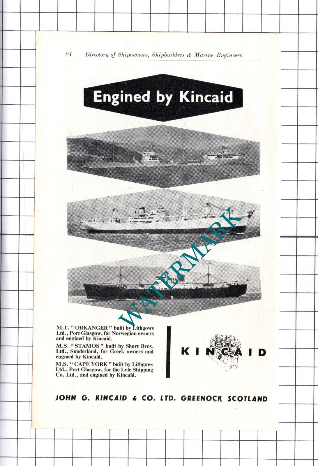 John G Kincaid Greenock / Vickers Empress Of England Ship  ADVERT -  c.1957