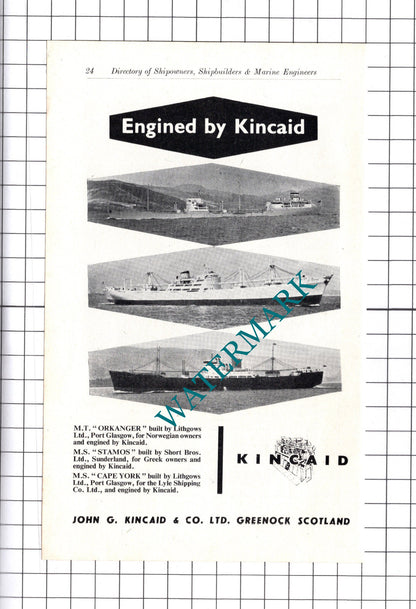 John G Kincaid Greenock / Vickers Empress Of England Ship  ADVERT -  c.1957