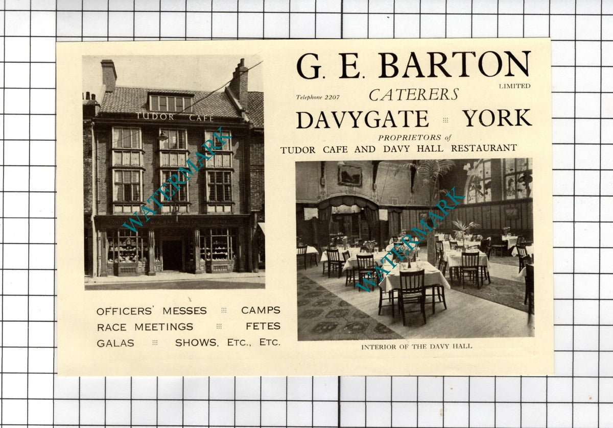 G E Barton Ltd Caterers Davygate York Davy Hall Tudor Cafe -  1928 Small Advert
