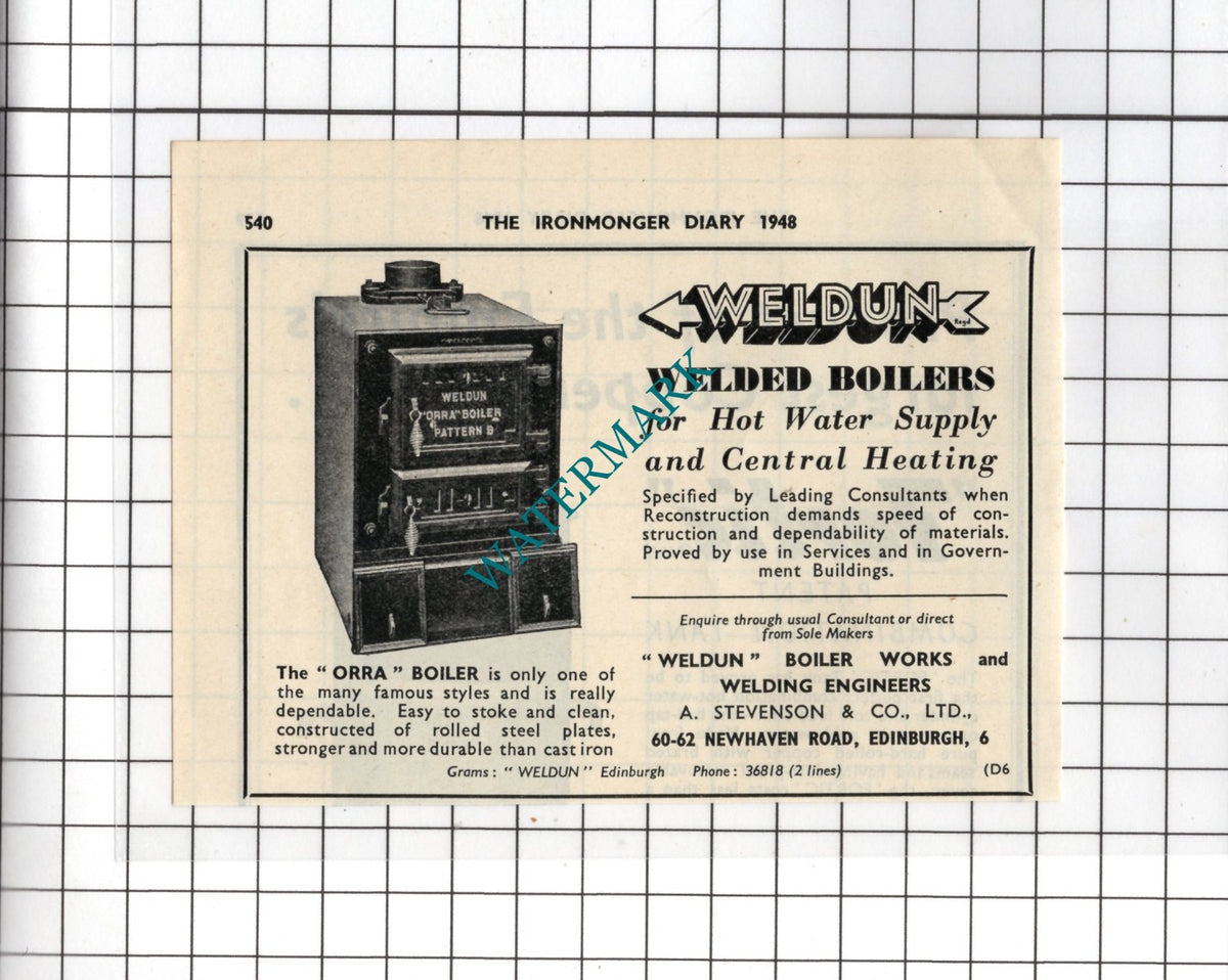 Weldun Boiler Works A Stevenson & Co Ltd Edinburgh  -  1948 Small Advert