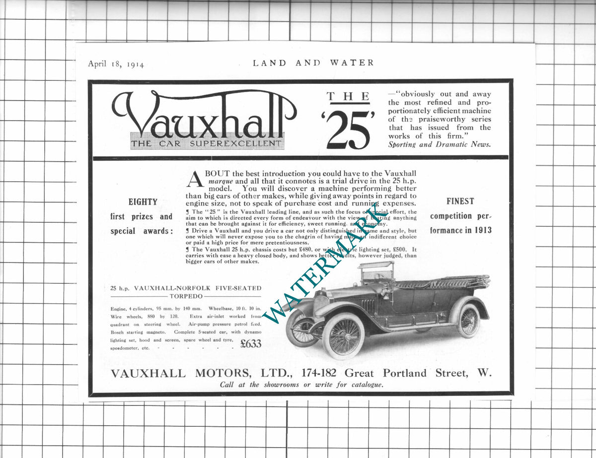 Vauxhall Motors Ltd Vauxhall 25 Car Advert - 1914 Clipping / Print