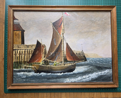 Vintage Oil Painting J P Brown ?   Boat Harbour Scene