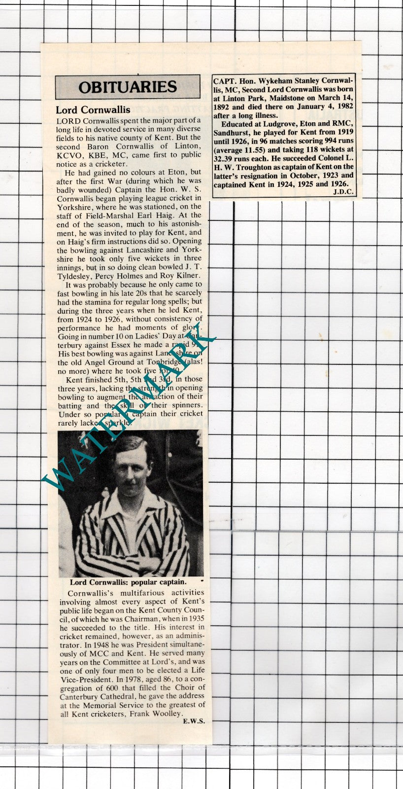 Lord Cornwallis Captain Hon Wykeham Stanley Cornwallis Obituary  - 1982 Clipping