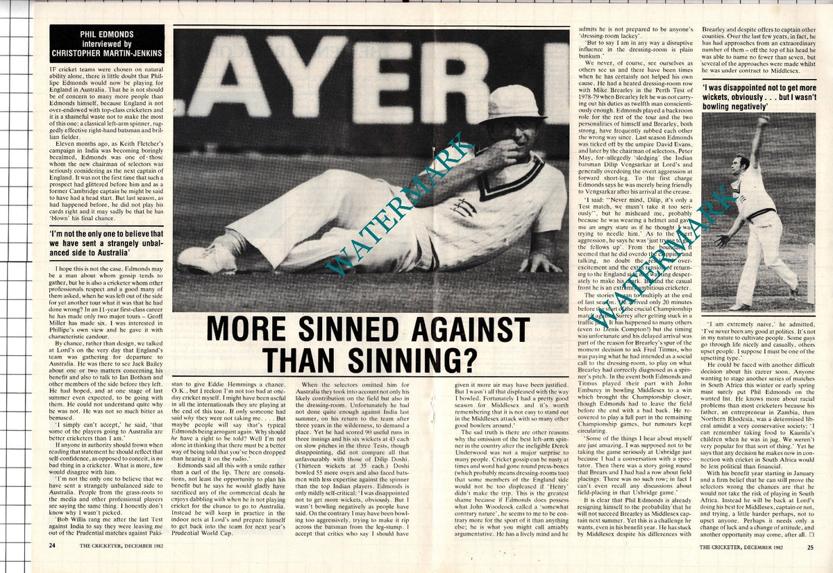 Phil Edmonds Cricketer Cricket  - 1982  Article  -  Centrefold Spread