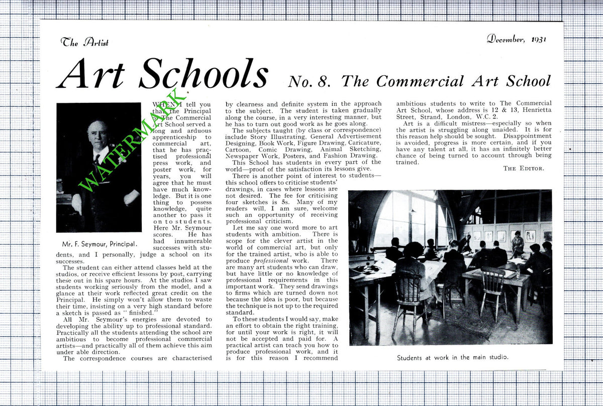 The Commercial Art School Strand London Mr F Seymour - 1931  Cutting / Print