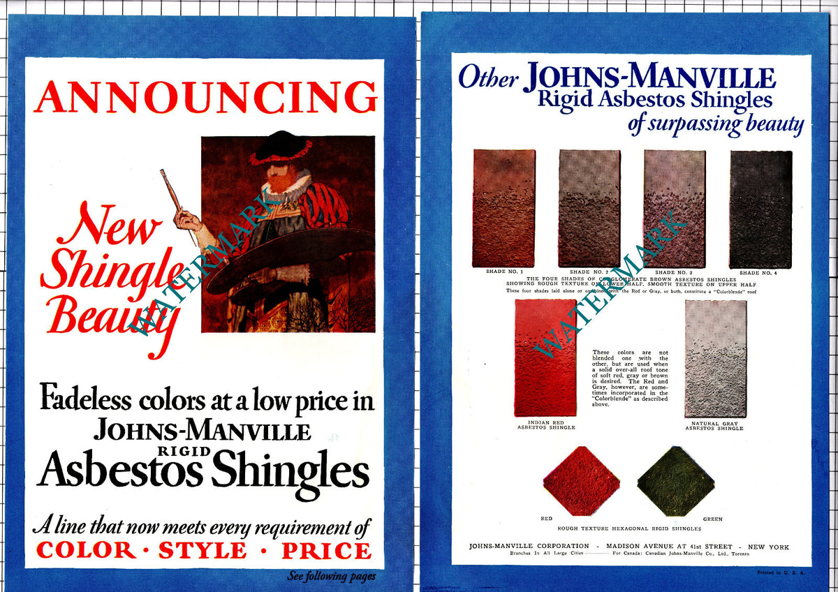 Johns-Manville New York Asbestos Shingles ADVERT - 1927 2-Page Clipping / Print