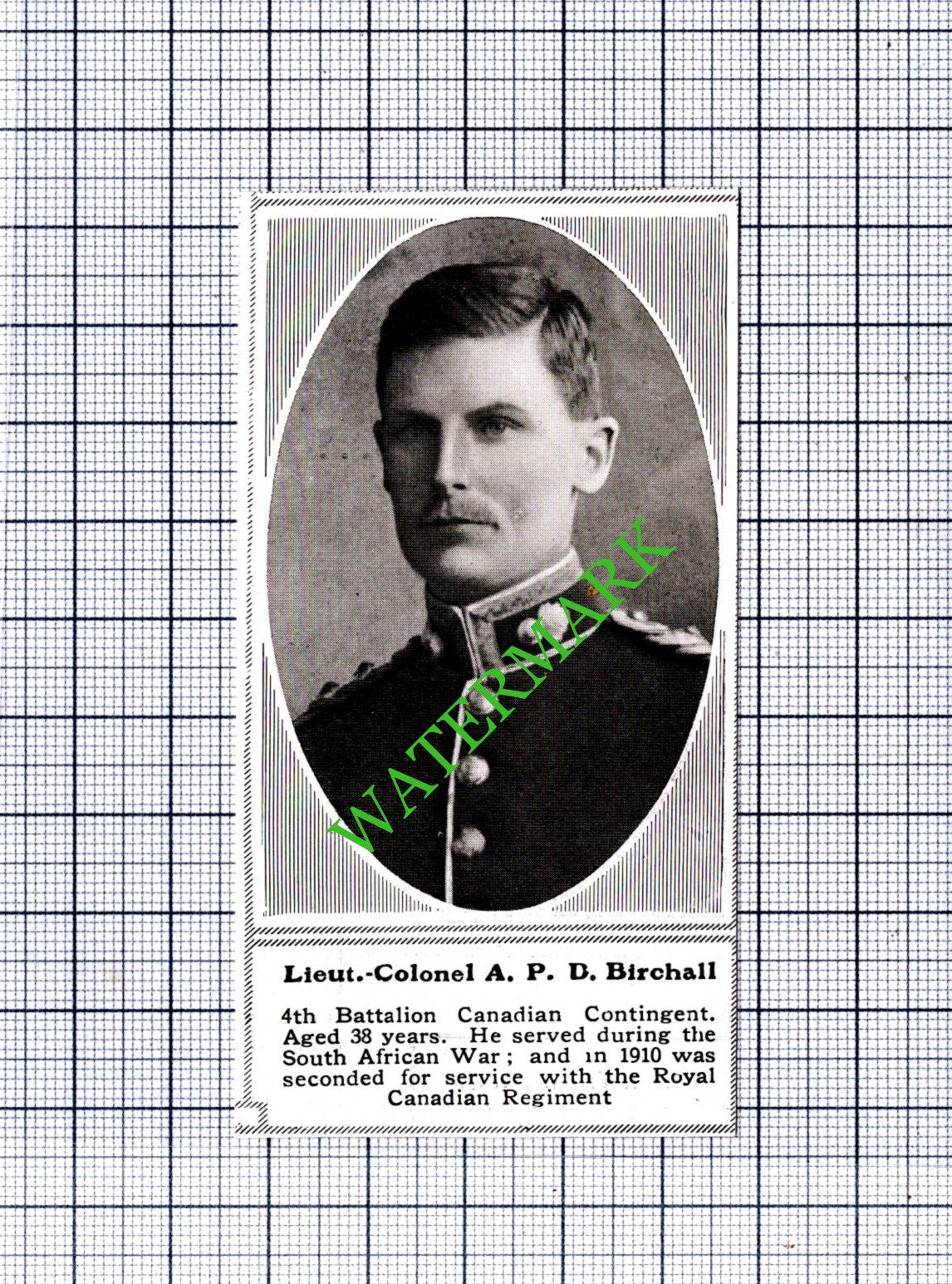 Lt Col A P D Birchall 4th Batt Canadian Contigent WW1 - 1915 SMALL Cutting