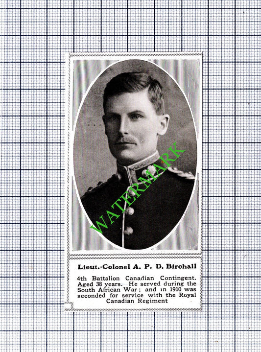 Lt Col A P D Birchall 4th Batt Canadian Contigent WW1 - 1915 SMALL Cutting