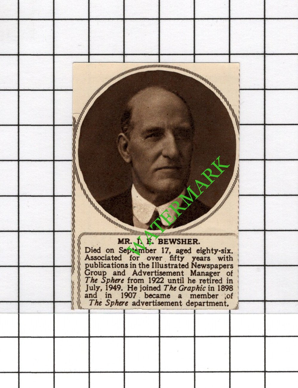 Mr J E Bewsher Obituary - 1951 SMALL Cutting