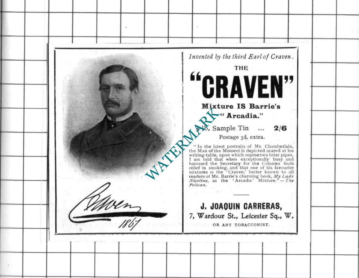 Third Earl Of Craven Tobacco  J Joaquin Carreras  - 1903 SMALL Advert / Print