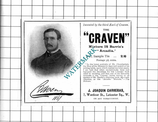 Third Earl Of Craven Tobacco  J Joaquin Carreras  - 1903 SMALL Advert / Print