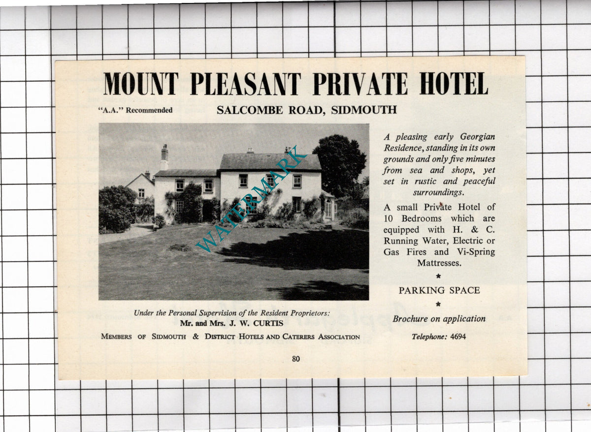 Mount Pleasant Hotel Sidmouth Devon Mr & Mrs J W Curtis  - 1968 Advert