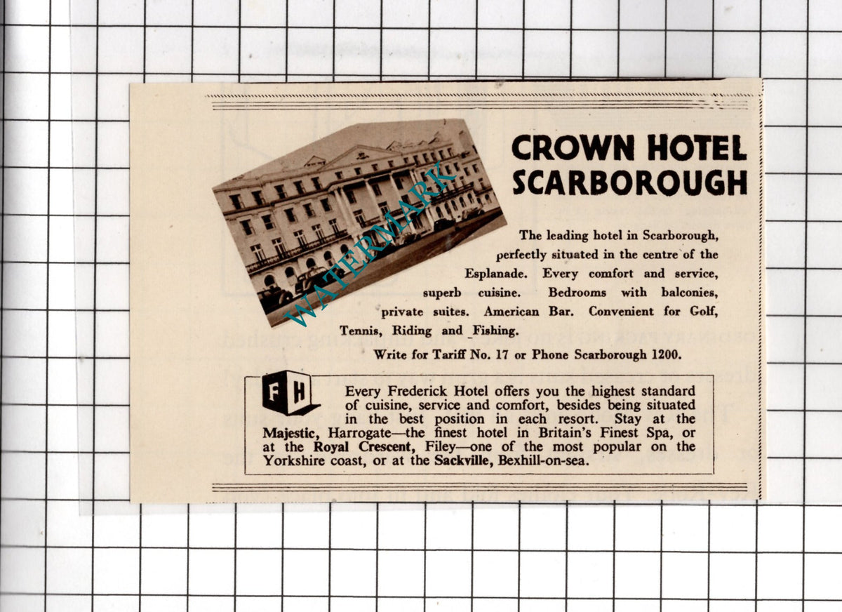 Crown Hotel Scarborough Frederick Hotel Advert  - 1950 SMALL Cutting