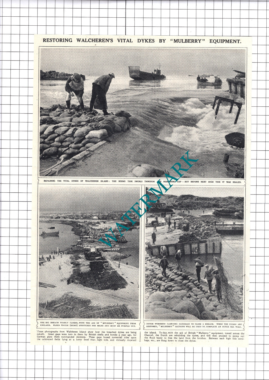 Walcheren Island Dykes Rebuilt Mulberry Equipment - 1945 Clipping / Print