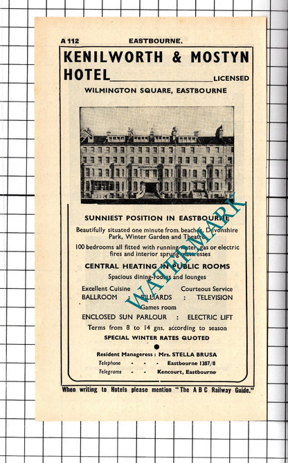 Kenilworth & Mostyn Hotel Eastbourne Brusa / Mansion Hotel Advert - 1958 Cutting